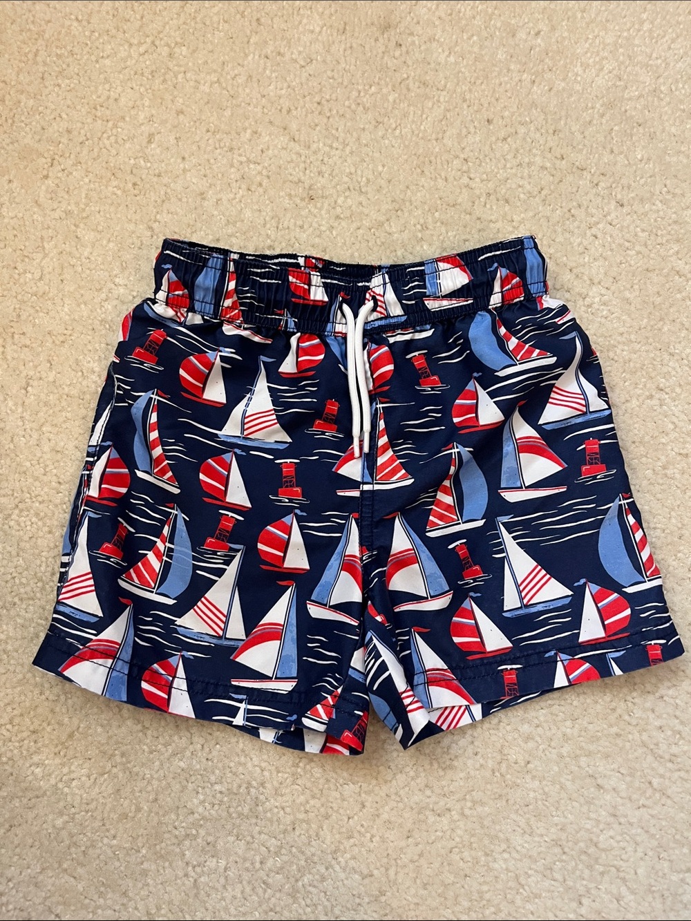 Janie and Jack Navy Swim Shorts with Red & Light Blue Sailboat Print